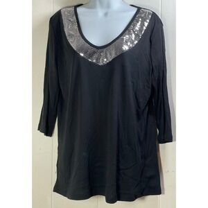 Jennifer Lauren Plus Black V Neck 3/4 Sleeve‎ Sequins Embellished Top Size 2X